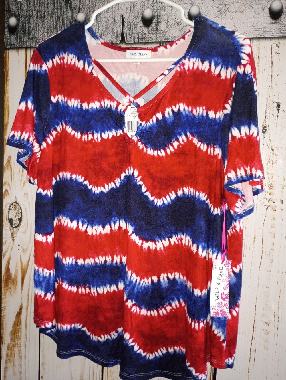 Freshman Red & Blue Tie-Dye V-Neck Short Sleeve Top ( Kohl's)
